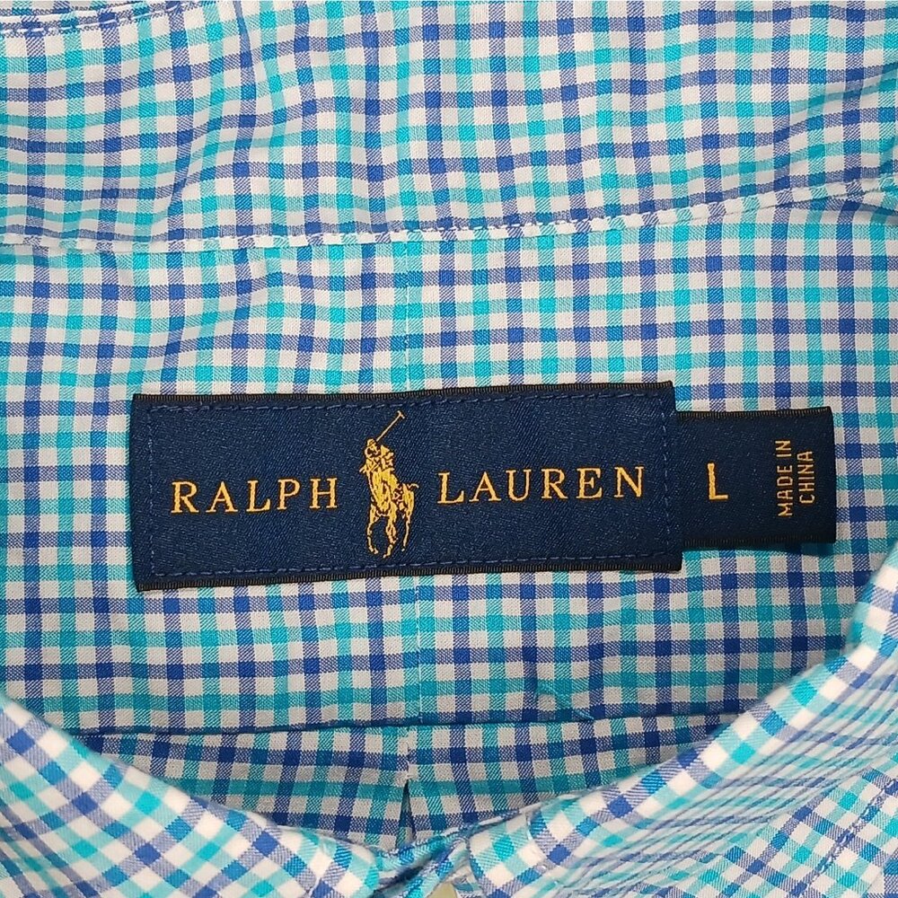 Ralph Lauren Button Down Shirt Mens L Gingham Check Purple Teal White Cotton